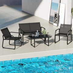 4 Piece Patio Sling Conversation Set, Loveseat Rated 660 lb, 2 Chairs Rated 330 lb and a 35.5 in Glass Top Coffee Table, Black
