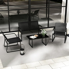 4 Piece Patio Sling Conversation Set, Loveseat Rated 660 lb, 2 Chairs Rated 330 lb and a 35.5 in Glass Top Coffee Table, Black