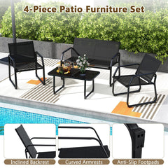 4 Piece Patio Sling Conversation Set, Loveseat Rated 660 lb, 2 Chairs Rated 330 lb and a 35.5 in Glass Top Coffee Table, Black