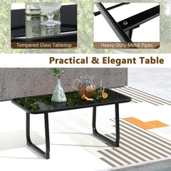 4 Piece Patio Sling Conversation Set, Loveseat Rated 660 lb, 2 Chairs Rated 330 lb and a 35.5 in Glass Top Coffee Table, Black
