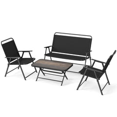 4 Piece Folding Patio Conversation Set, Sling Loveseat Rated 800 lb, 2 Folding Chairs Rated 400 lb and a 35 in SPC Top Table, Black