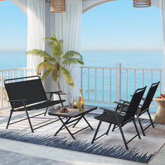 4 Piece Folding Patio Conversation Set, Sling Loveseat Rated 800 lb, 2 Folding Chairs Rated 400 lb and a 35 in SPC Top Table, Black