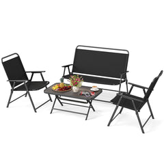 4 Piece Folding Patio Conversation Set, Sling Loveseat Rated 800 lb, 2 Folding Chairs Rated 400 lb and a 35 in SPC Top Table, Black