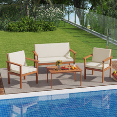 4 Piece Acacia Wood Patio Conversation Set with Cushions and Coffee Table, Off White