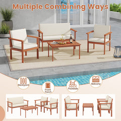 4 Piece Acacia Wood Patio Conversation Set with Cushions and Coffee Table, Off White