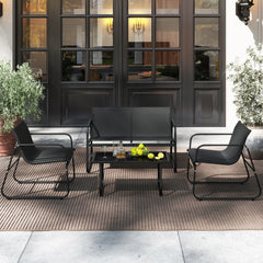 4 Piece Sling Fabric Patio Conversation Set with Glass Coffee Table, Black