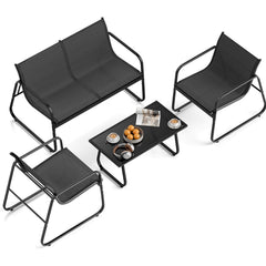 4 Piece Sling Fabric Patio Conversation Set with Glass Coffee Table, Black