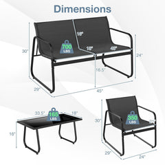 4 Piece Sling Fabric Patio Conversation Set with Glass Coffee Table, Black
