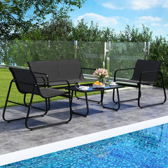 4 Piece Sling Fabric Patio Conversation Set with Glass Coffee Table, Black