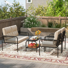 4 Piece Patio Conversation Set with Rope Armrests, Cushions and 2 Tier Glass Table, Beige