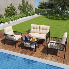 4 Piece Patio Conversation Set with Rope Armrests, Cushions and 2 Tier Glass Table, Beige