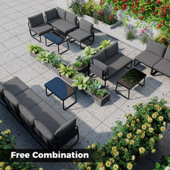 4 Piece Low Profile Patio Sectional Conversation Set with Glass Coffee Table, Gray