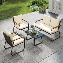4 Piece Patio Conversation Set with Acacia Armrests, Woven Backs and Glass Coffee Table, Cream