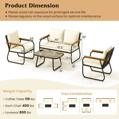 4 Piece Patio Conversation Set with Acacia Armrests, Woven Backs and Glass Coffee Table, Cream