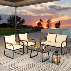 4 Piece Patio Conversation Set with Acacia Armrests, Woven Backs and Glass Coffee Table, Cream