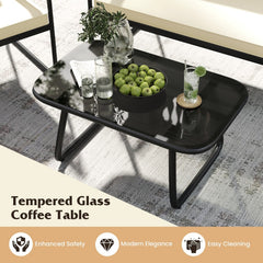 4 Piece Patio Conversation Set with Acacia Armrests, Woven Backs and Glass Coffee Table, Cream
