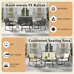 4 Piece Patio Conversation Set with Acacia Armrests, Woven Backs and Glass Coffee Table, Cream