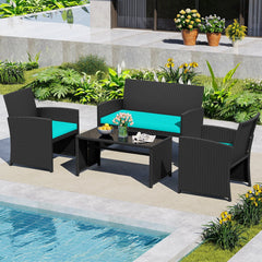 4 Piece Rattan Patio Conversation Set with Glass Coffee Table and Removable Cushions, Turquoise