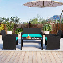 4 Piece Rattan Patio Conversation Set with Glass Coffee Table and Removable Cushions, Turquoise