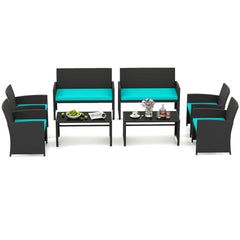 4 Piece Rattan Patio Conversation Set with Glass Coffee Table and Removable Cushions, Turquoise