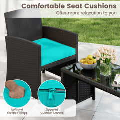 4 Piece Rattan Patio Conversation Set with Glass Coffee Table and Removable Cushions, Turquoise