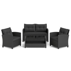 4 Piece Rattan Patio Conversation Set with 2 Tier Glass Coffee Table, Black