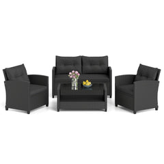 4 Piece Rattan Patio Conversation Set with 2 Tier Glass Coffee Table, Black