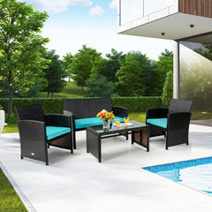 4 Piece Patio Rattan Cushioned Furniture Set with Loveseat, 2 Armchairs and Tempered Glass Coffee Table, Black Weave and Turquoise Cushions