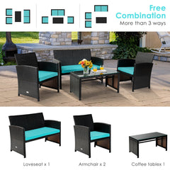 4 Piece Patio Rattan Cushioned Furniture Set with Loveseat, 2 Armchairs and Tempered Glass Coffee Table, Black Weave and Turquoise Cushions