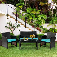 4 Piece Patio Rattan Cushioned Furniture Set with Loveseat, 2 Armchairs and Tempered Glass Coffee Table, Black Weave and Turquoise Cushions