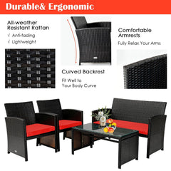 4 Piece Patio Rattan Cushioned Furniture Set with Loveseat, 2 Armchairs and Tempered Glass Coffee Table, Black Weave and Red Cushions