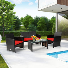 4 Piece Patio Rattan Cushioned Furniture Set with Loveseat, 2 Armchairs and Tempered Glass Coffee Table, Black Weave and Red Cushions