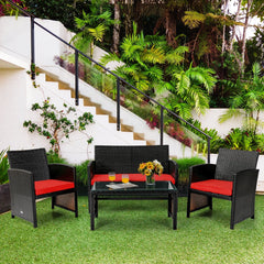 4 Piece Patio Rattan Cushioned Furniture Set with Loveseat, 2 Armchairs and Tempered Glass Coffee Table, Black Weave and Red Cushions