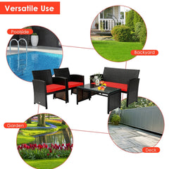 4 Piece Patio Rattan Cushioned Furniture Set with Loveseat, 2 Armchairs and Tempered Glass Coffee Table, Black Weave and Red Cushions