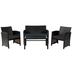 4 Piece Patio Rattan Cushioned Furniture Set with Loveseat, 2 Armchairs and Tempered Glass Coffee Table, Black Weave and Black Cushions
