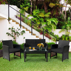 4 Piece Patio Rattan Cushioned Furniture Set with Loveseat, 2 Armchairs and Tempered Glass Coffee Table, Black Weave and Black Cushions