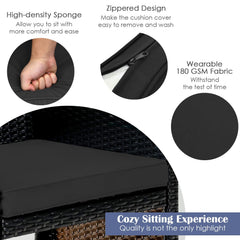 4 Piece Patio Rattan Cushioned Furniture Set with Loveseat, 2 Armchairs and Tempered Glass Coffee Table, Black Weave and Black Cushions