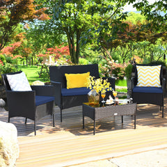 4 Piece Rattan Patio Conversation Set with Glass Coffee Table, Navy and Off White