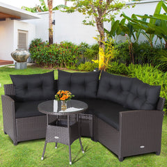 4 Piece Patio Rattan Corner Sofa Set with Clips, Curved Middle Sofa, 2 Side Sofas and Round Glass Table, Black