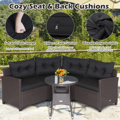4 Piece Patio Rattan Corner Sofa Set with Clips, Curved Middle Sofa, 2 Side Sofas and Round Glass Table, Black