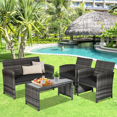 4 Piece Patio Rattan Furniture Set with Loveseat, 2 Chairs and Tempered Glass Coffee Table, Mix Grey Weave, Black Cushions