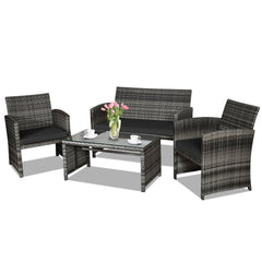 4 Piece Patio Rattan Furniture Set with Loveseat, 2 Chairs and Tempered Glass Coffee Table, Mix Grey Weave, Black Cushions