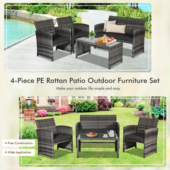 4 Piece Patio Rattan Furniture Set with Loveseat, 2 Chairs and Tempered Glass Coffee Table, Mix Grey Weave, Black Cushions