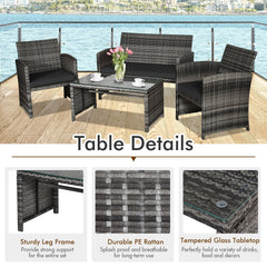 4 Piece Patio Rattan Furniture Set with Loveseat, 2 Chairs and Tempered Glass Coffee Table, Mix Grey Weave, Black Cushions
