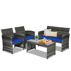 4 Piece Patio Rattan Furniture Set with Loveseat, 2 Chairs and Tempered Glass Coffee Table, Mix Grey Weave, Navy Cushions