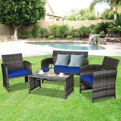 4 Piece Patio Rattan Furniture Set with Loveseat, 2 Chairs and Tempered Glass Coffee Table, Mix Grey Weave, Navy Cushions