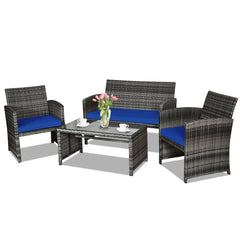 4 Piece Patio Rattan Furniture Set with Loveseat, 2 Chairs and Tempered Glass Coffee Table, Mix Grey Weave, Navy Cushions