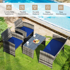 4 Piece Patio Rattan Furniture Set with Loveseat, 2 Chairs and Tempered Glass Coffee Table, Mix Grey Weave, Navy Cushions