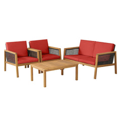 4 Piece Acacia Wood and Rattan Patio Conversation Set with Removable Cushions, Red