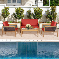 4 Piece Acacia Wood and Rattan Patio Conversation Set with Removable Cushions, Red